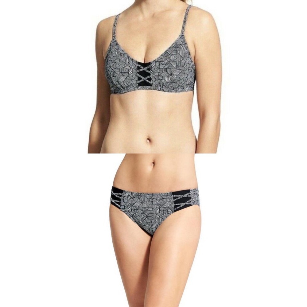 Athleta Bikini Set Women 32 D/DD S Black White EUC Geometric Strappy Two Piece